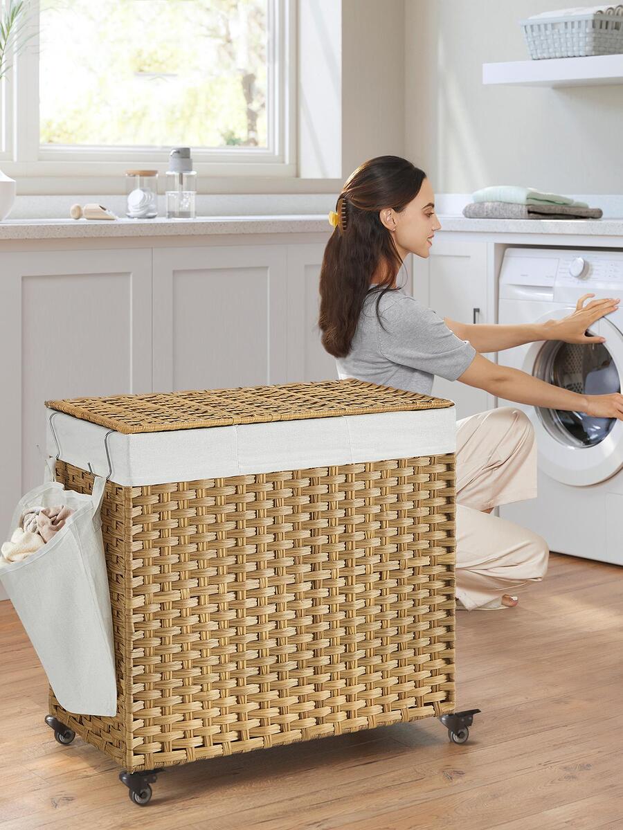 Rattan Plant Basket - 蓋付きランドリーバスケット、容量42.3ガロン（160リットル）、キャスター付き移動式ランドリーバスケット、3段式合成ラタン製ランドリーバスケット、Remo