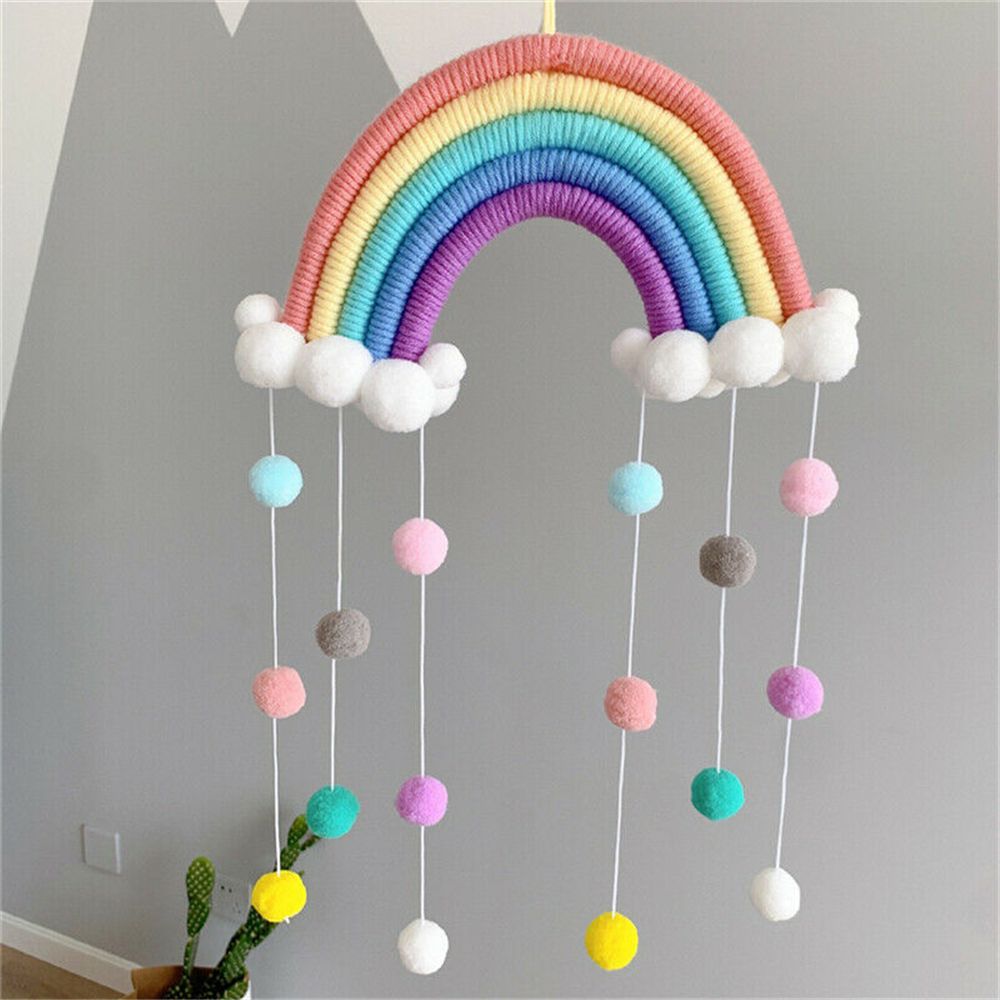 Home Decor Y2K - 手織り 5 ストランド虹雲吊り下げ装飾カラフルなポンポンフェルトボールタッセル壁/窓吊り下げ装飾クラフト