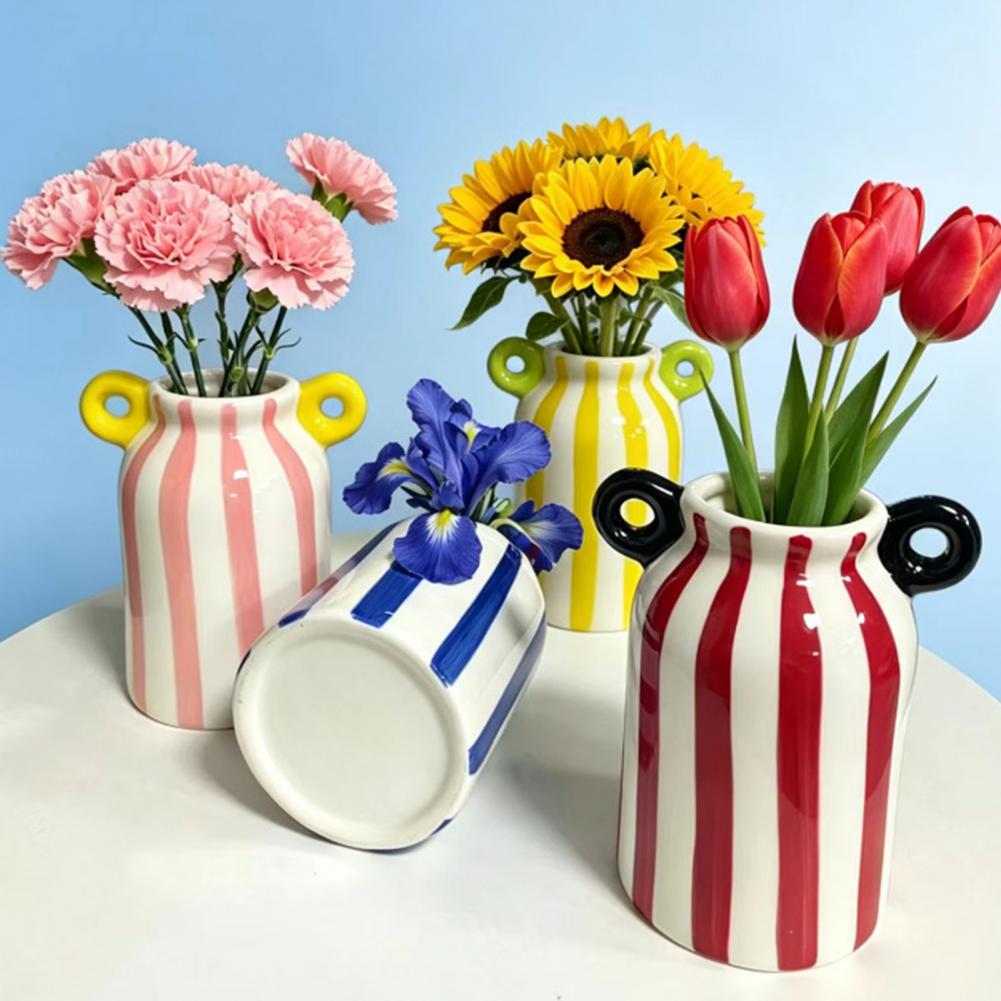 Pampas Grass Decor - セラミック製のストライプ柄の花瓶、両手ハンドル付き、手描きの小さな装飾花瓶、花、パンパスグラス用、広口の花瓶