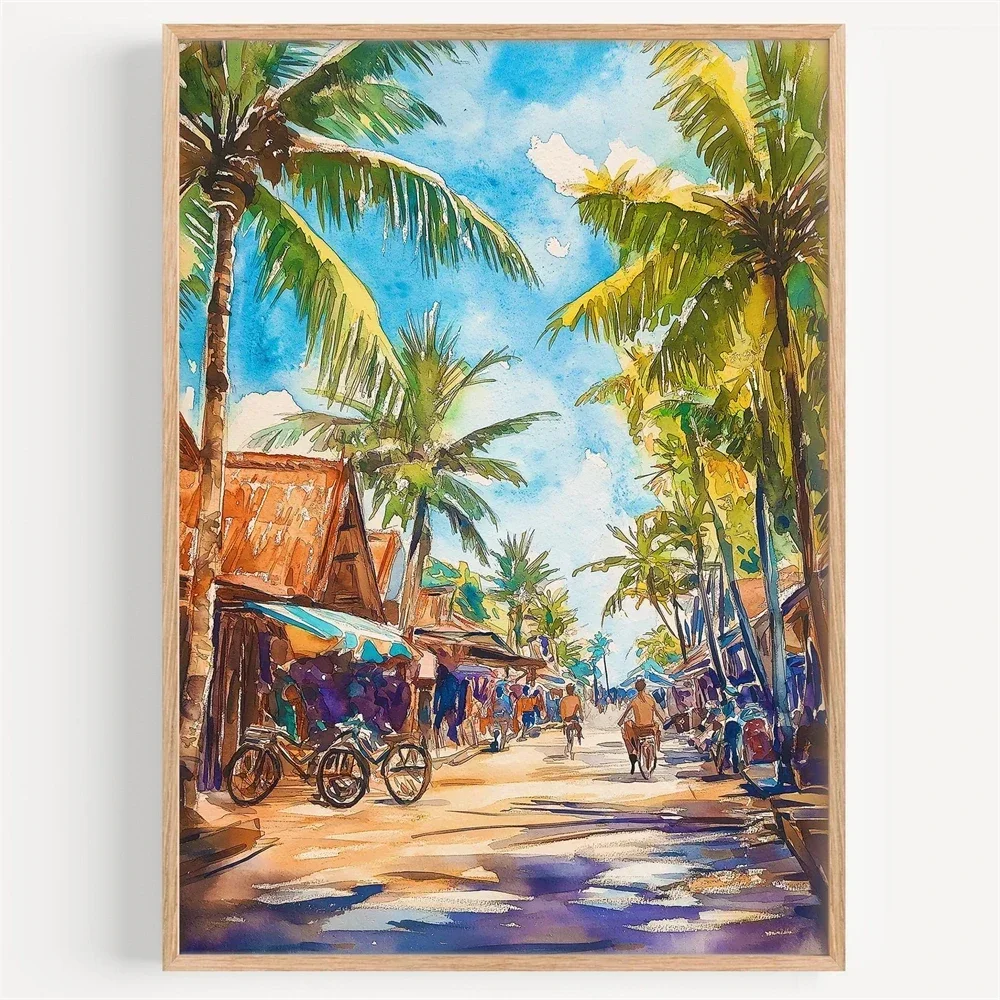 ロンボク島の水彩画キャンバス絵画、都市風景、壁掛けアートプリ - Home Decor Indonesia のレビューと価格