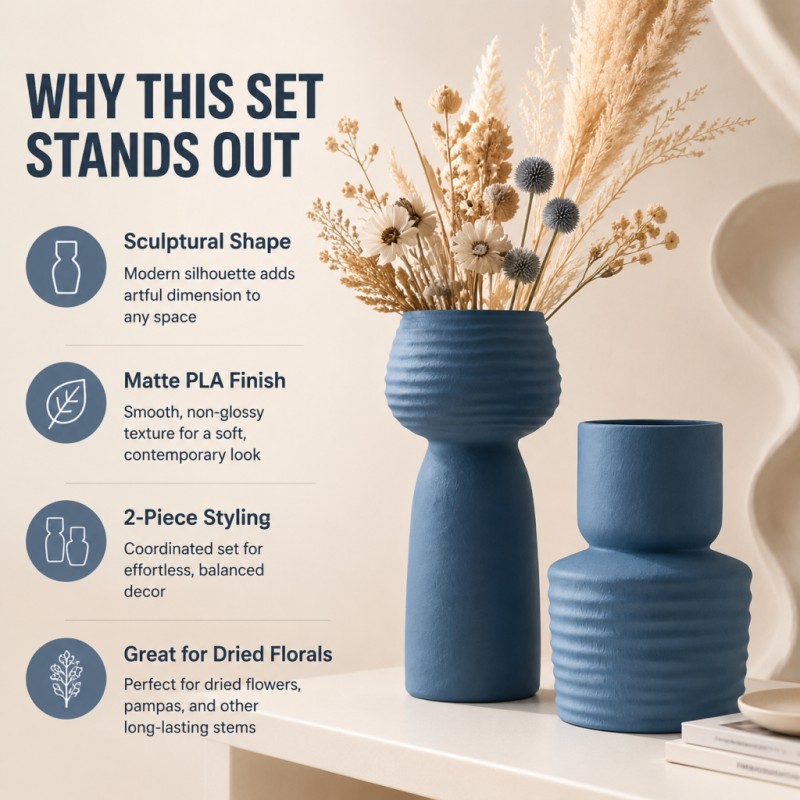 2個セット ラフウェーブテクスチャブルー花瓶セット マットP - Pampas Grass Decor のレビューと価格