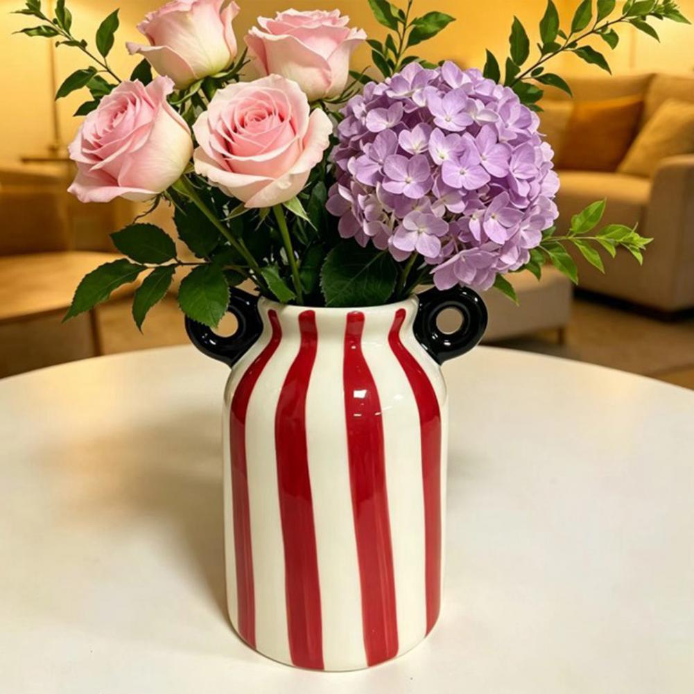 セラミック製のストライプ柄の花瓶、両手ハンドル付き、手描きの - Pampas Grass Decor のレビューと価格